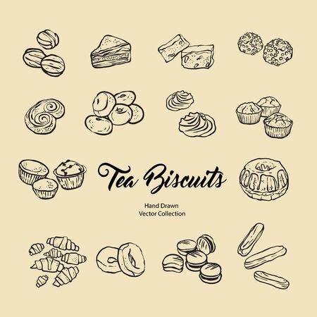 Biscuits isolated hand drawn vector set, line illustration old style. Vector tea biscuits, cookies for cooking logo, packaging design, cafe menu, banner, flayer, coffee shop in retro hand drawn style.のイラスト素材