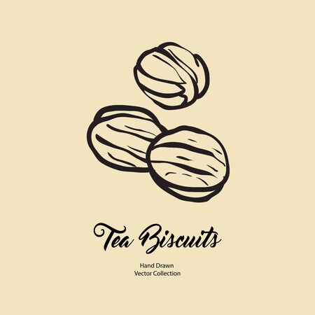 Biscuits isolated hand drawn vector line illustration in old style. Vector tea biscuits, cookies for cooking logo, packaging design, cafe menu, banner, flayer, coffee shop in retro hand drawn style.のイラスト素材
