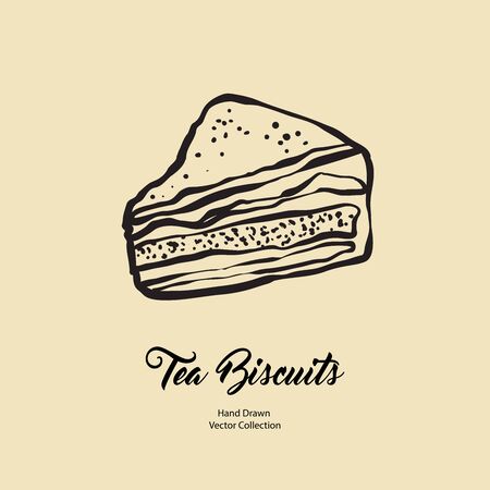 Cake chunk isolated hand drawn vector line illustration in old style. Vector tea chocolate biscuit pie cooking logo, packaging design, cafe menu, banner, flayer, coffee shop retro hand drawn style.のイラスト素材