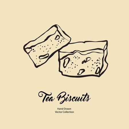 Cake chunks isolated hand drawn vector line illustration in old style. Vector tea chocolate biscuit pie cooking logo, packaging design, cafe menu, banner, flayer, coffee shop retro hand drawn style.のイラスト素材