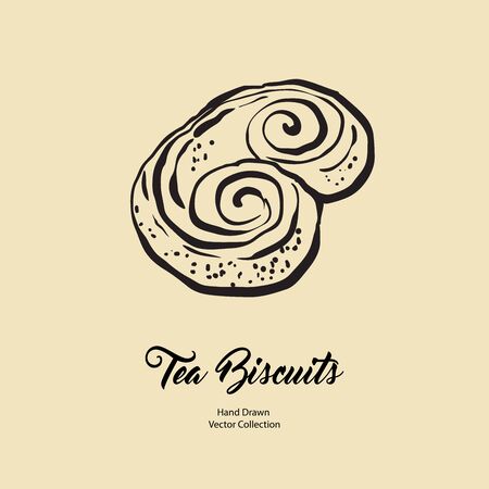 Bun sweet isolated hand drawn vector line illustration in old style. Vector tea biscuits, cookies for cooking logo, packaging design, cafe menu, banner, flayer, coffee shop in retro hand drawn style.のイラスト素材
