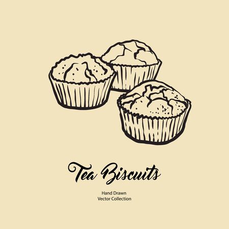 Cupcakes muffins isolated hand drawn vector line illustration old style. Vector tea biscuits, cookies cooking logo, packaging design, cafe menu, banner, flayer, coffee shop in retro hand drawn style.のイラスト素材