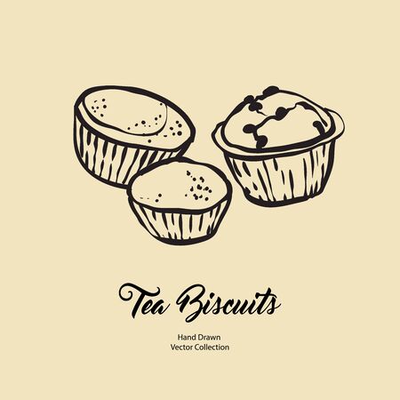 Cupcakes muffins isolated hand drawn vector line illustration old style. Vector tea biscuits, cookies cooking logo, packaging design, cafe menu, banner, flayer, coffee shop in retro hand drawn style.のイラスト素材