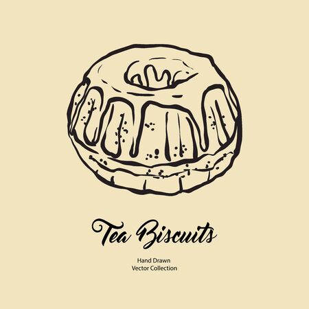Bundt pound cake gravy isolated hand drawn vector line illustration old style. Vector tea chocolate biscuit pie cooking logo, packaging design, cafe menu, banner, flayer, coffee shop retro hand drawn.のイラスト素材