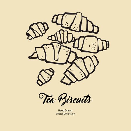 Croissants isolated hand drawn vector line illustration in old style. Vector tea biscuits, cookies for cooking logo, packaging design, cafe menu, banner, flayer, coffee shop in retro hand drawn style.のイラスト素材