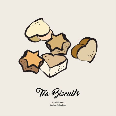 Biscuits stars and hearts isolated hand drawn vector line illustration in old style. Christmas biscuits, cookies for cooking logo, packaging design, cafe menu, banner, flayer, coffee shop retro style.のイラスト素材