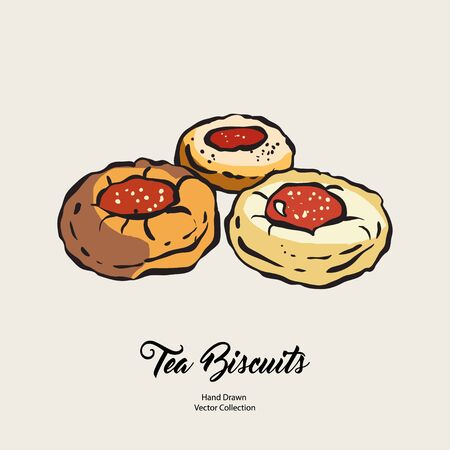 Jam doughnuts isolated hand drawn vector line illustration old style. Vector tea biscuits, cookies for cooking logo, packaging design, cafe menu, banner, flayer, coffee shop in retro hand drawn style.のイラスト素材