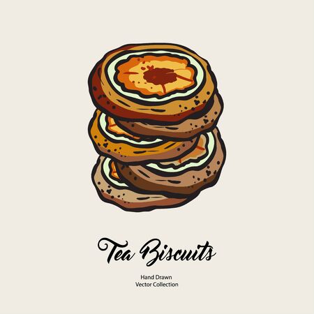 Jam doughnuts isolated hand drawn vector line illustration old style. Vector tea biscuits, cookies for cooking logo, packaging design, cafe menu, banner, flayer, coffee shop in retro hand drawn style.のイラスト素材