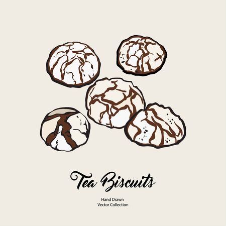Biscuits isolated hand drawn vector line illustration in old style. Vector tea biscuits, cookies for cooking logo, packaging design, cafe menu, banner, flayer, coffee shop in retro hand drawn style.のイラスト素材