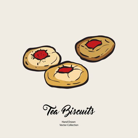 Jam doughnuts isolated hand drawn vector line illustration old style. Vector tea biscuits, cookies for cooking logo, packaging design, cafe menu, banner, flayer, coffee shop in retro hand drawn style.のイラスト素材