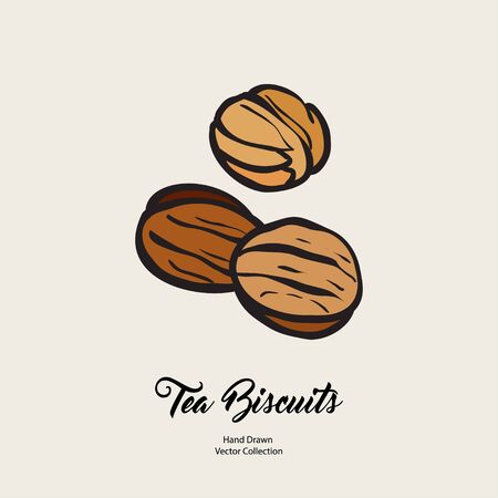 Biscuits isolated hand drawn vector line illustration in old style. Vector tea biscuits, cookies for cooking logo, packaging design, cafe menu, banner, flayer, coffee shop in retro hand drawn style.のイラスト素材