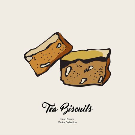 Cake chunks isolated hand drawn vector line illustration in old style. Vector tea chocolate biscuit pie cooking logo, packaging design, cafe menu, banner, flayer, coffee shop retro hand drawn style.のイラスト素材