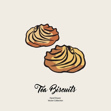 Biscuits isolated hand drawn vector line illustration in old style. Vector tea biscuits, cookies for cooking logo, packaging design, cafe menu, banner, flayer, coffee shop in retro hand drawn style.のイラスト素材