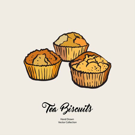 Cupcakes muffins isolated hand drawn vector line illustration old style. Vector tea biscuits, cookies cooking logo, packaging design, cafe menu, banner, flayer, coffee shop in retro hand drawn style.のイラスト素材