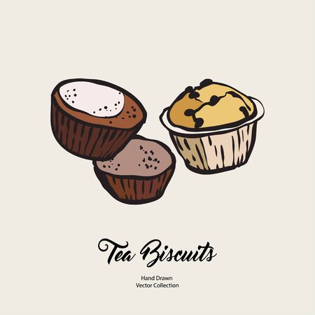 Cupcakes muffins isolated hand drawn vector line illustration old style. Vector tea biscuits, cookies cooking logo, packaging design, cafe menu, banner, flayer, coffee shop in retro hand drawn style.のイラスト素材