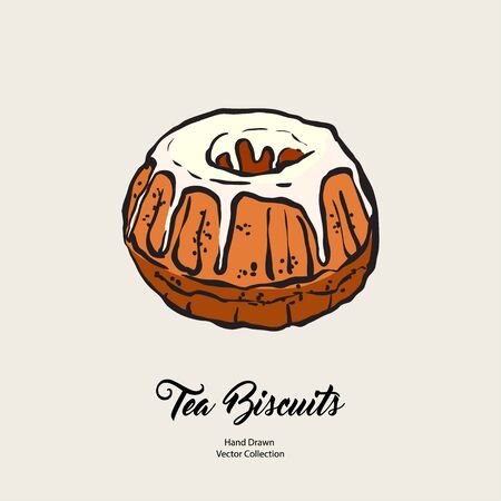 Bundt pound cake gravy isolated hand drawn vector line illustration old style. Vector tea chocolate biscuit pie cooking logo, packaging design, cafe menu, banner, flayer, coffee shop retro hand drawn.のイラスト素材
