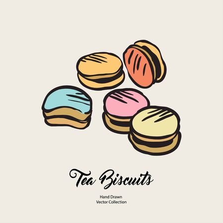 Macarons isolated hand drawn vector line illustration in old style. Vector tea biscuits, cookies for cooking logo, packaging design, cafe menu, banner, flayer, coffee shop in retro hand drawn style.のイラスト素材
