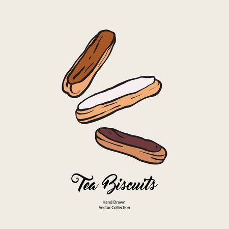 Chocolate eclairs isolated hand drawn vector line illustration old style. Vector tea biscuits, cookies for cooking logo, packaging design, cafe menu, banner, flayer, coffee shop retro hand drawn styleのイラスト素材