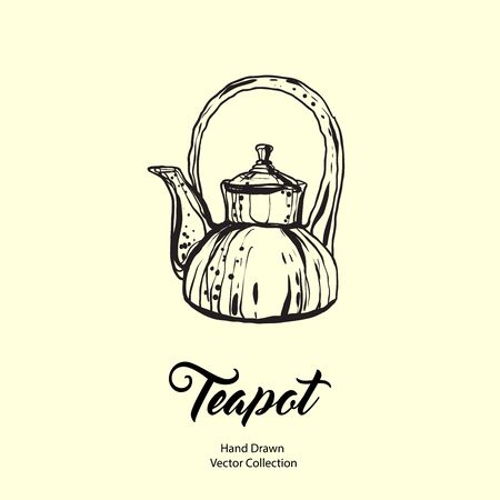 Teapot hand drawn ink vector illustration in old style. Isolated line kettle, illustration for logo, cafe menu, banner, flayer retro hand drawn style. Isolated vector logo for coffee shop, restaurant.のイラスト素材