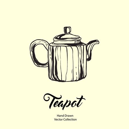 Teapot hand drawn ink vector illustration in old style. Isolated line kettle, illustration for logo, cafe menu, banner, flayer retro hand drawn style. Isolated vector logo for coffee shop, restaurant.のイラスト素材