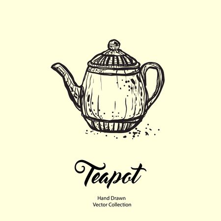 Teapot hand drawn ink vector illustration in old style. Isolated line kettle, illustration for logo, cafe menu, banner, flayer retro hand drawn style. Isolated vector logo for coffee shop, restaurant.のイラスト素材
