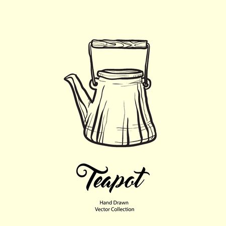 Teapot hand drawn ink vector illustration in old style. Isolated line kettle, illustration for logo, cafe menu, banner, flayer retro hand drawn style. Isolated vector logo for coffee shop, restaurant.のイラスト素材