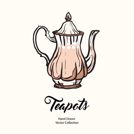 Teapot hand drawn ink vector illustration old style. Isolated line white pink kettle, illustration logo, cafe menu, banner, flayer retro hand drawn style. Isolated vector logo coffee shop, restaurant.のイラスト素材