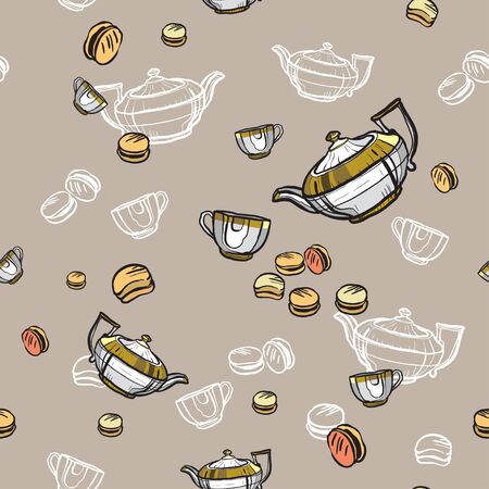 Teapots, cups and macarons seamless pattern hand drawn in old style. Tea time vector illustration. Food pattern in retro hand drawn style for cafe menu, banner, flayer coffee shop, restaurant, fabric.のイラスト素材