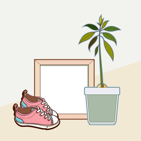 Vector mock up wooden frame, sneakers and avocado plant.のイラスト素材