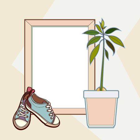 Vector mock up wooden frame, sneakers and avocado plant.のイラスト素材