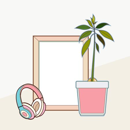 Vector mock up wooden frame, headphones, avocado plant. Interior home square poster mockup with wood frame and green leaves on light wall background. Hipster template for poster, picture, art paintingのイラスト素材