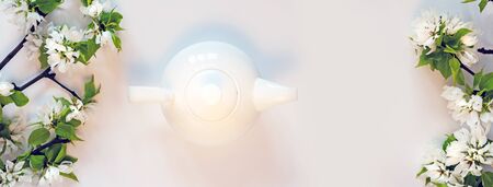 White tea pot, apple tree blossom branch, white background flat lay. Flowering buds top view template long web banner. Copy space backdrop mockup design. Floral spring frame flowers invitation conceptの写真素材