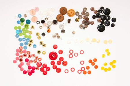 Flat lay with colorful sewing buttons, mock up, top view. Layout buttons mockup on blank white...