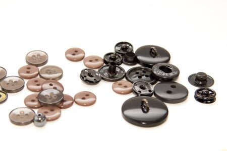Flat lay with colorful sewing buttons, mock up, top view. Layout buttons mockup on blank white...