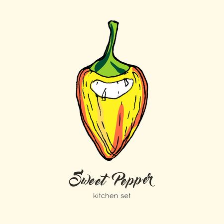 Yellow pepper vector isolated. Hand drawn illustration sweet bulgarian bell paprika chili yellow pepper.のイラスト素材