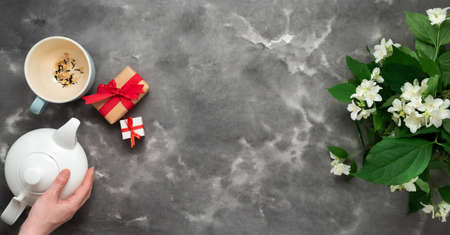 Woman hand holding white tea pot dry tea jasmin blossom cup gift present box black white marble background flat lay. Tea time top view template long banner. Copy space backdrop mockup design conceptの写真素材