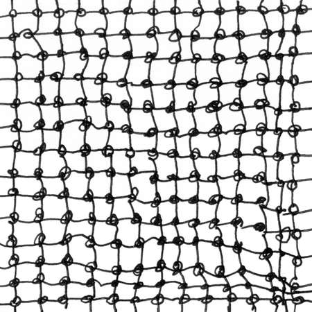 Mesh net ink texture background. Vintage black and white illustration with mesh. Geometric abstract decorative pattern. Grunge ink drawing, modern paper art black texture mockup on white backdrop.の写真素材