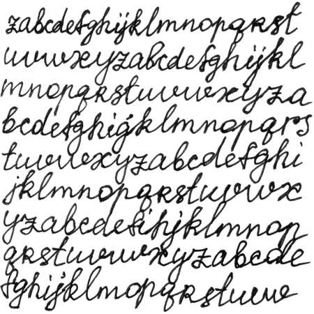 Font alphabet ink texture background. Vintage black white illustration handwritten letters. Hand drawn decorative letter pattern. Grunge ink drawing modern art black texture mockup on white backdrop.の写真素材