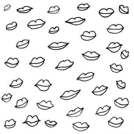 Lips ink texture background. Vintage black and white illustration lips shapes. Hand drawn abstract decorative kiss pattern. Grunge ink drawing, modern paper art black texture mockup on white backdrop.の写真素材