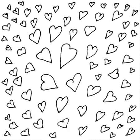 Hearts ink texture background. Vintage black and white illustration heart shapes. Hand drawn abstract decorative pattern. Grunge ink drawing, modern paper art black texture mockup on white backdrop.の写真素材