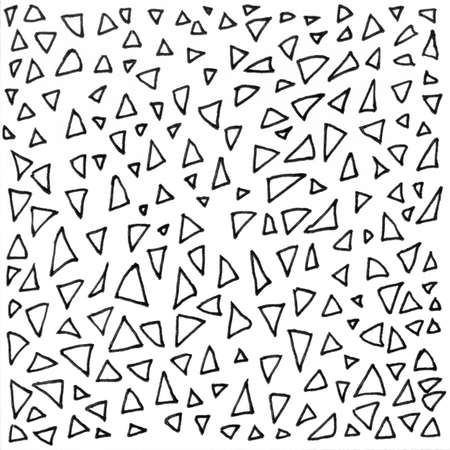 Triangles ink texture background. Vintage black and white illustration triangles. Geometric abstract decorative pattern. Grunge ink drawing, modern paper art black texture mockup on white backdrop.の写真素材