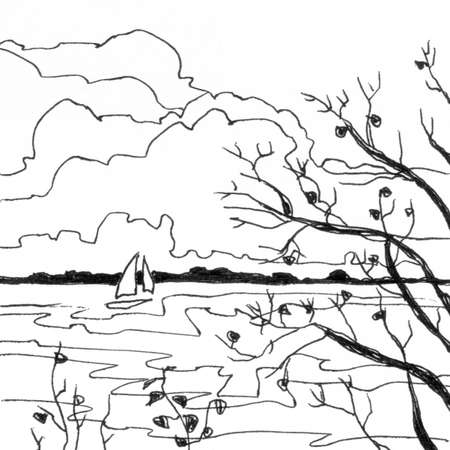 Mountain lake hand drawn ink landscape. Abstract cartoon black and white paint wallpaper with water, trees, clouds, sailing yacht on white background. Wild nature landscape water tourism art concept.の写真素材