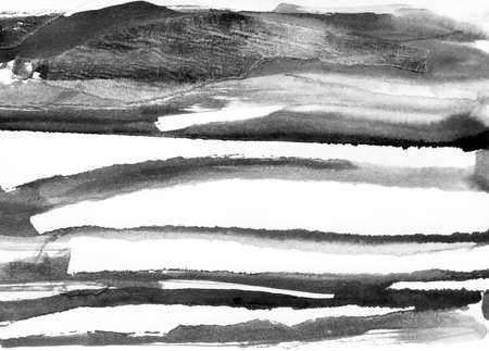Abstract landscape ink hand drawn illustration. Black and white ink winter landscape with river. Minimalistic hand drawn illustration card background poster banner. Hand drawn watercolor black lines.の写真素材
