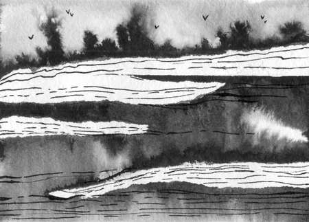 Abstract landscape ink hand drawn illustration. Black and white ink winter landscape with river. Minimalistic hand drawn illustration card background poster banner. Hand drawn watercolor black lines.の写真素材