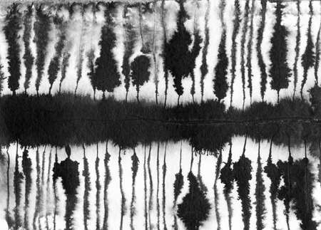 Abstract landscape ink hand drawn illustration. Black and white ink winter landscape with river. Minimalistic hand drawn illustration card background poster banner. Hand drawn watercolor black lines.の写真素材