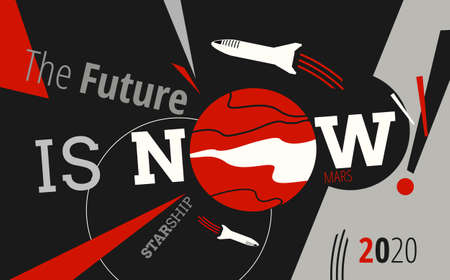 Space rocket spaceship and Mars vector retro style illustration poster. Future is Now art. Vector cartoon rocket spaceship web banner postcard poster print. Adventure minimalist red black white posterのイラスト素材