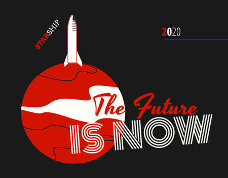 Space rocket spaceship and Mars vector retro style illustration poster. Future is Now art. Vector cartoon rocket spaceship web banner postcard poster print. Adventure minimalist red black white posterのイラスト素材