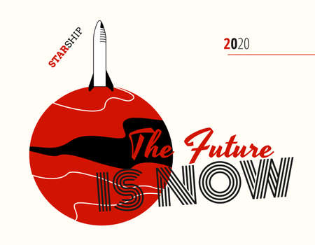 Space rocket spaceship and Mars vector retro style illustration poster. Future is Now art. Vector cartoon rocket spaceship web banner postcard poster print. Adventure minimalist red black white posterのイラスト素材