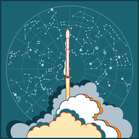 Rocket, space craft vector rocket launching. Vector poster spaceship, star map. flame, steam on blue background space poster. Spaceship dark night sky clouds cartoon art, retro style illustration.のイラスト素材