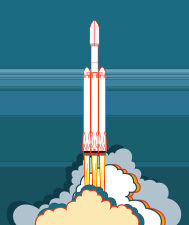 Rocket space craft vector rocket launching. Vector poster spaceship, flame and steam on blue background. Vertical space poster. Spaceship cartoon art, retro style illustration.のイラスト素材
